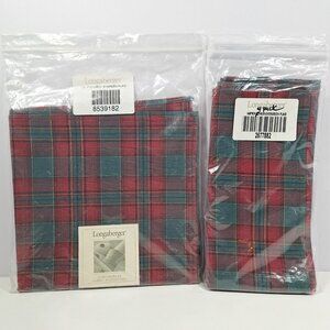 Longaberger Evergreen Plaid 4 Napkins 36" Square Tablecloth Set Open Package